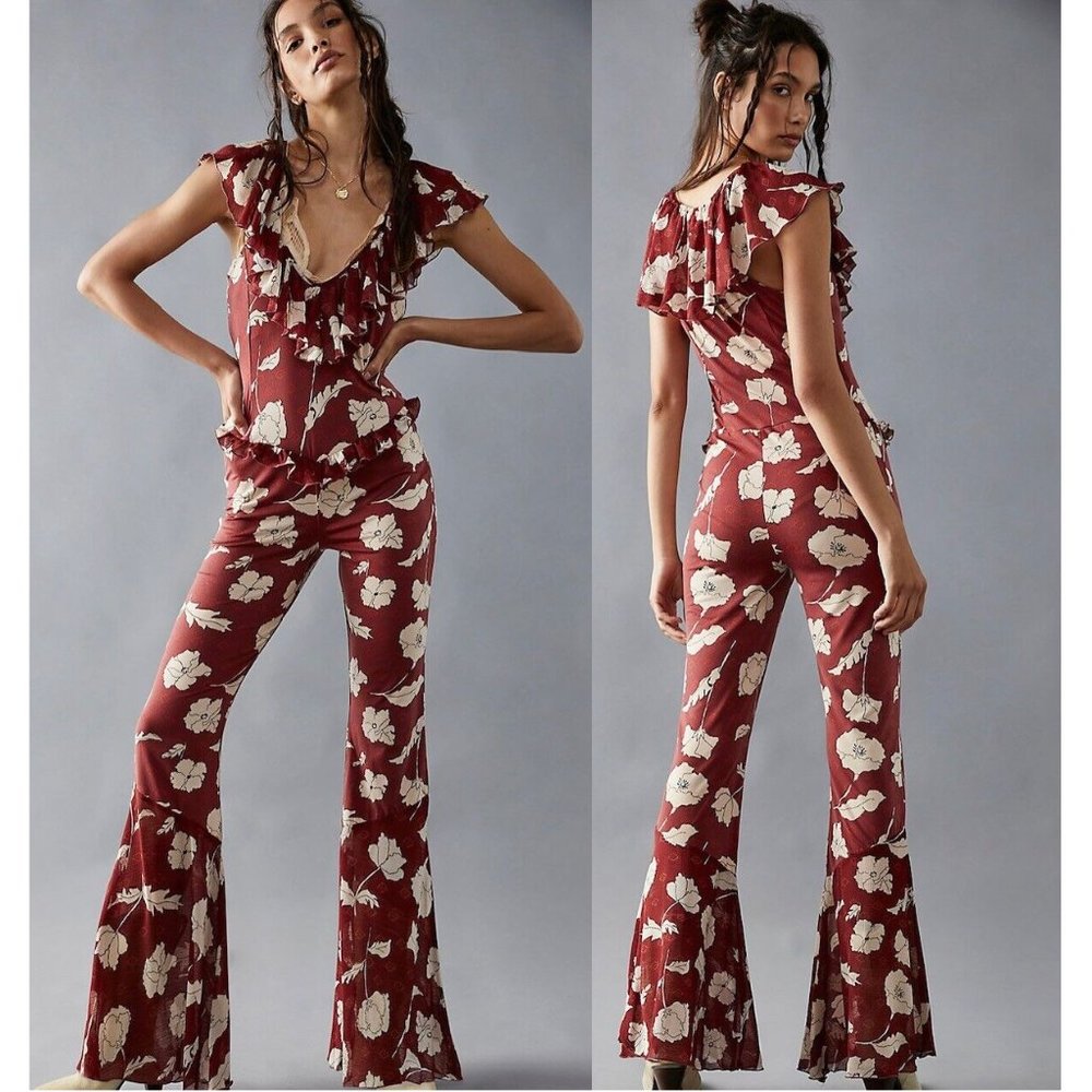 Free People Red Floral Jumpsuit